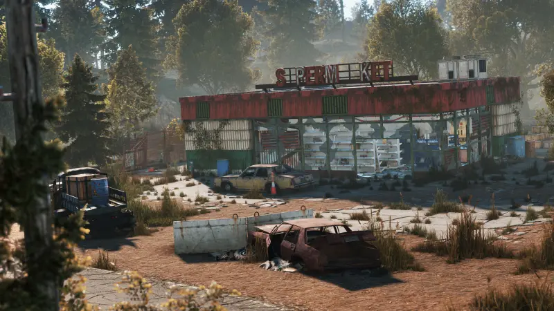 A swampy compound of rusty shipping containers and wrecked cars in a Bandit Camp style