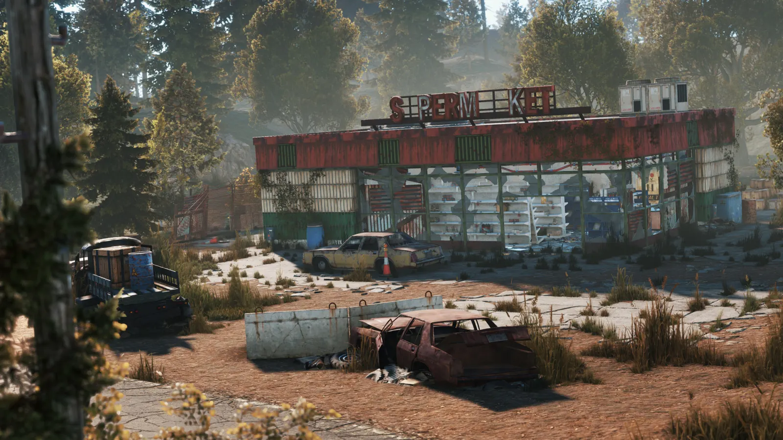 A swampy compound of rusty shipping containers and wrecked cars in a Bandit Camp style