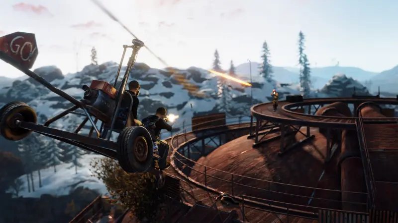 A Rust player flying a minicopter over a snowy industrial monument