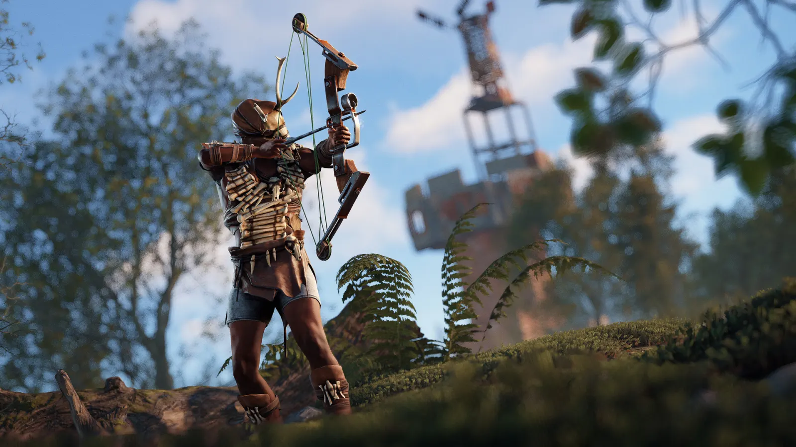 A Rust player in tribal armor drawing a compound bow beneath an oil pump tower