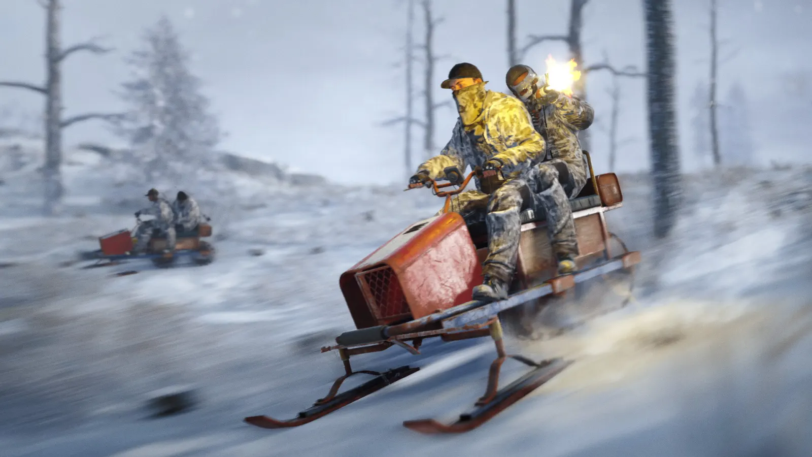 Двое игроков Rust мчатся на снегоходе по заснеженному лесу